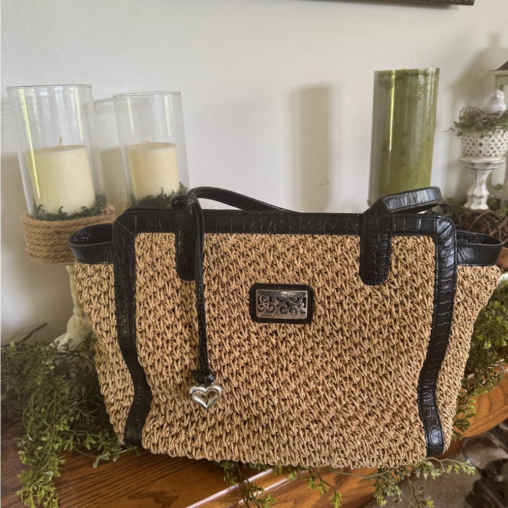 BRIGHTON  woven straw and leather shoulder tote purse